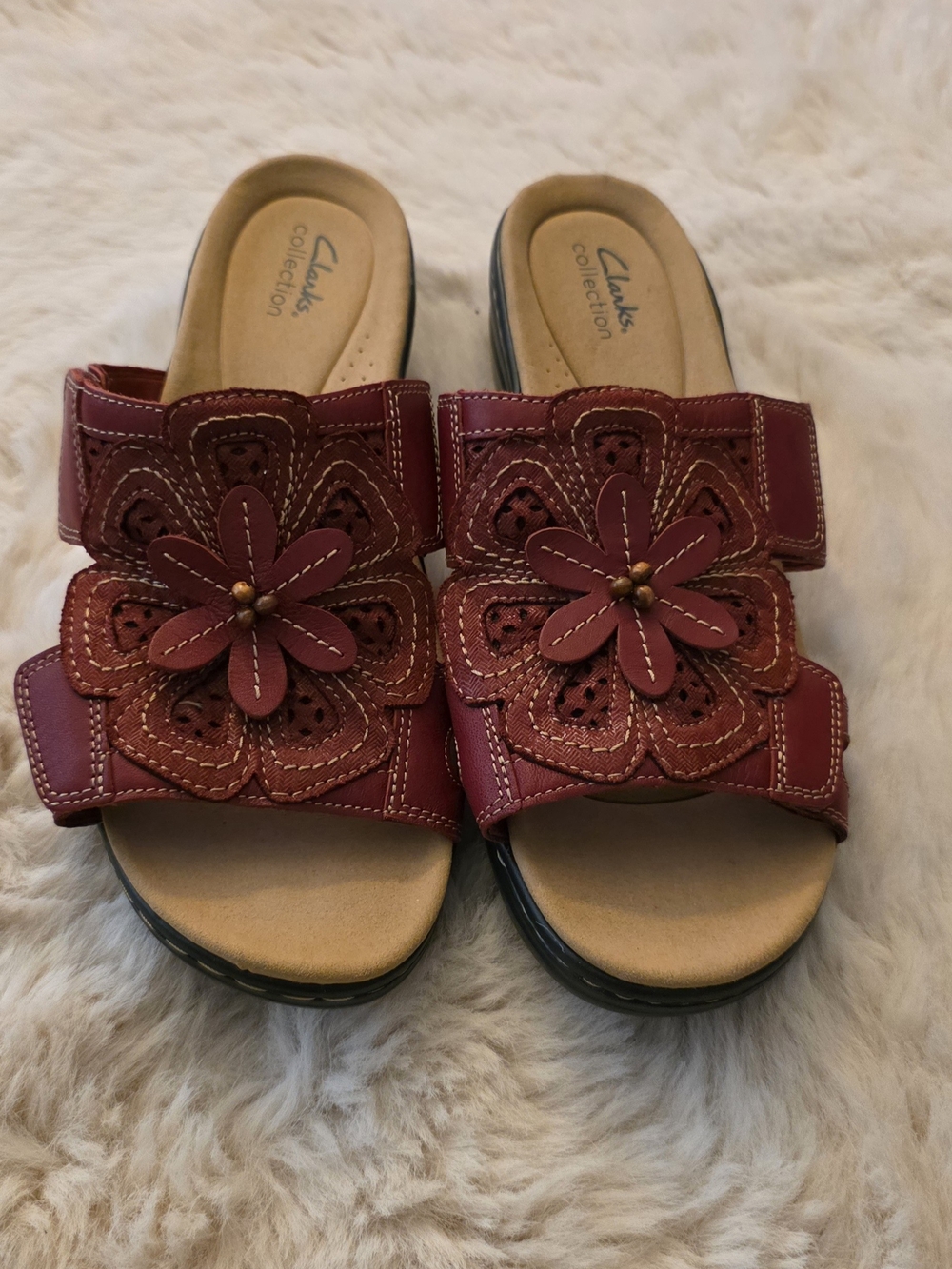 Clarks Women's Red Floral Leather Slide Sandals